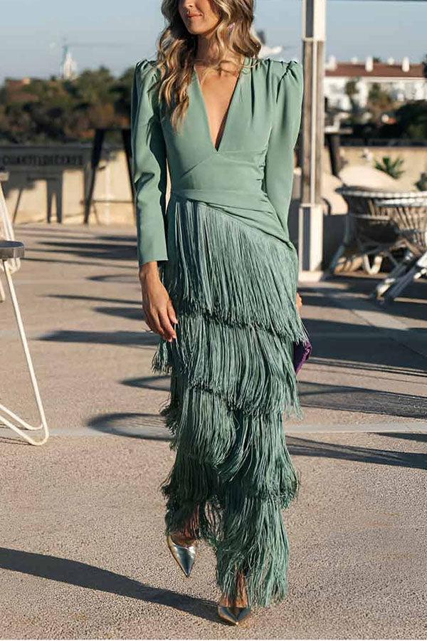 Elegant Night V-Neck Long Sleeve Layered Tassel Hem Maxi Dress