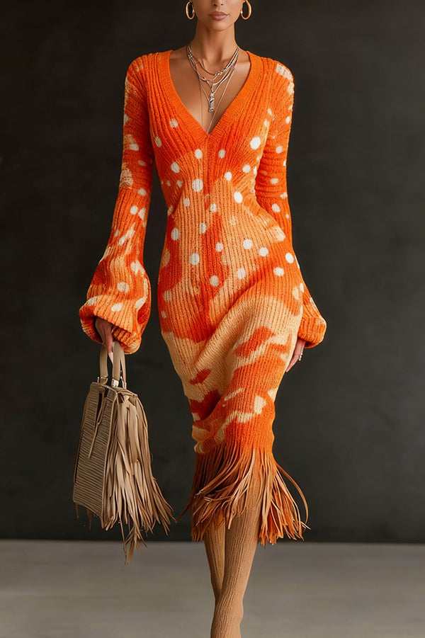 Unique Printed V-neck Long-sleeved Elegant Tassel Hem Midi Dress