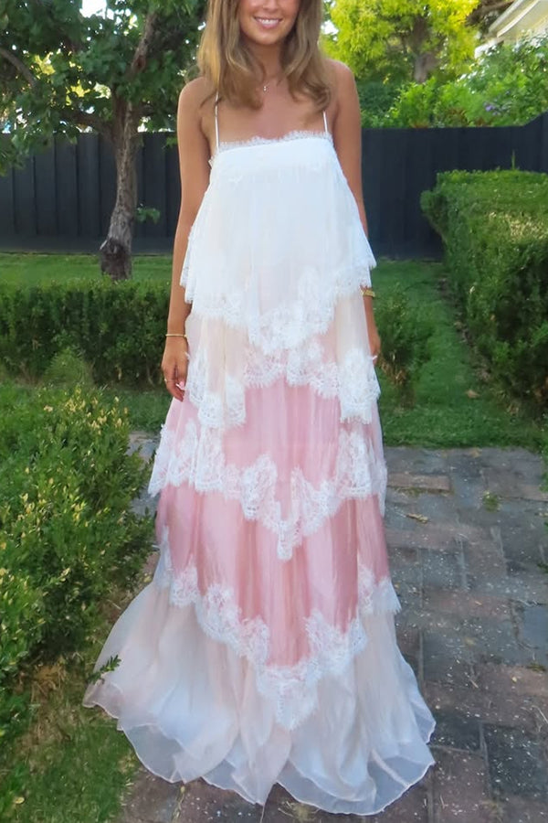 Caroline Gradient Layered Lace Trim Tiers Adjustable Straps Backless A-line Maxi Dress