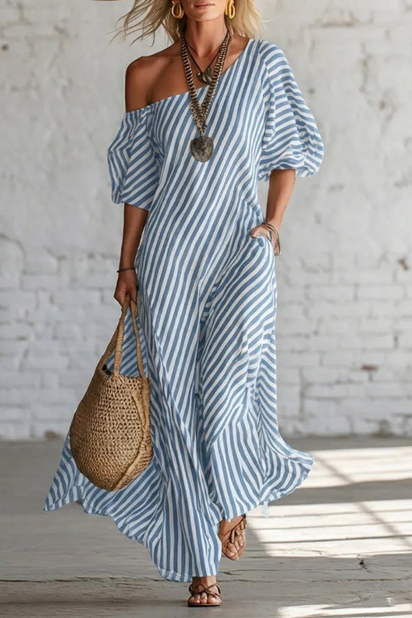 Fashionable Striped Print Slash Neck Puff Sleeve Casual Maxi Dress