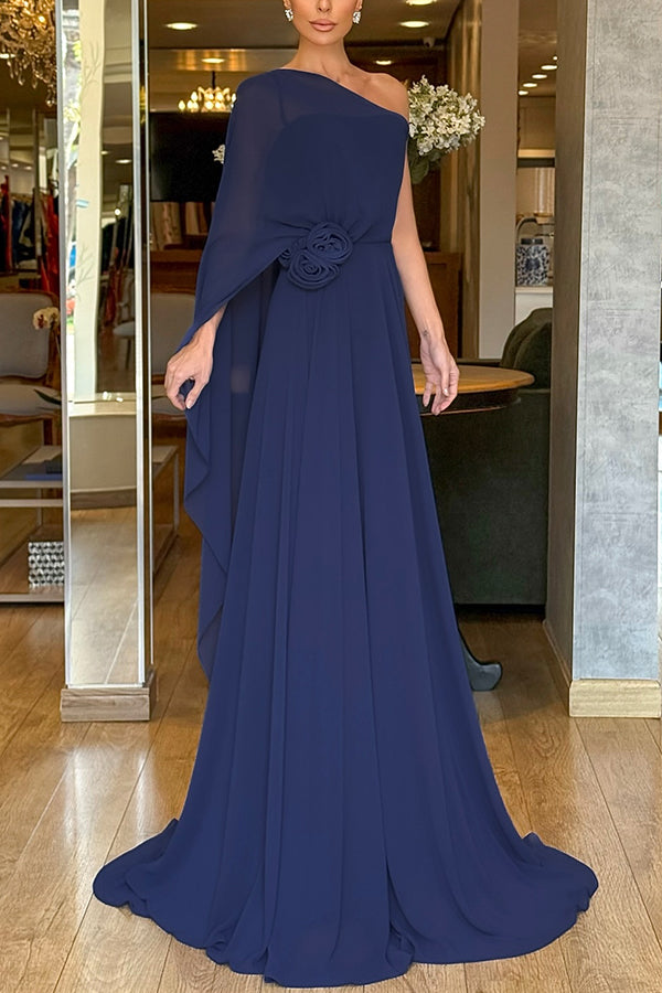 Iriena Chiffon One Shoulder Rose Decoration Waist Formal Maxi Dress