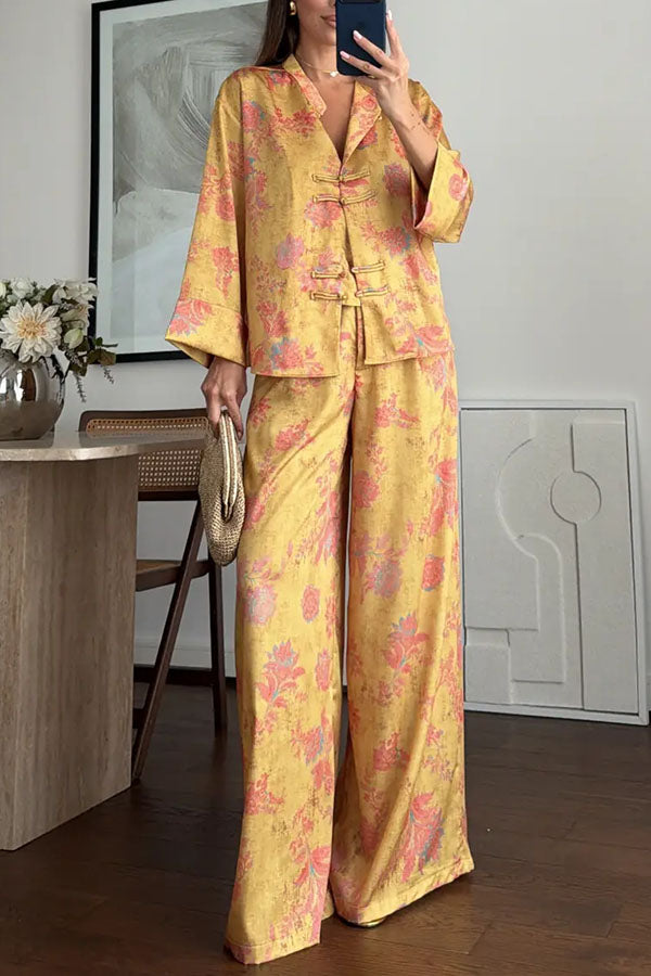 Floral Print Satin Knotted Button Long Sleeve Shirt and Elastic Waist Pocket Wide Leg Pants Set