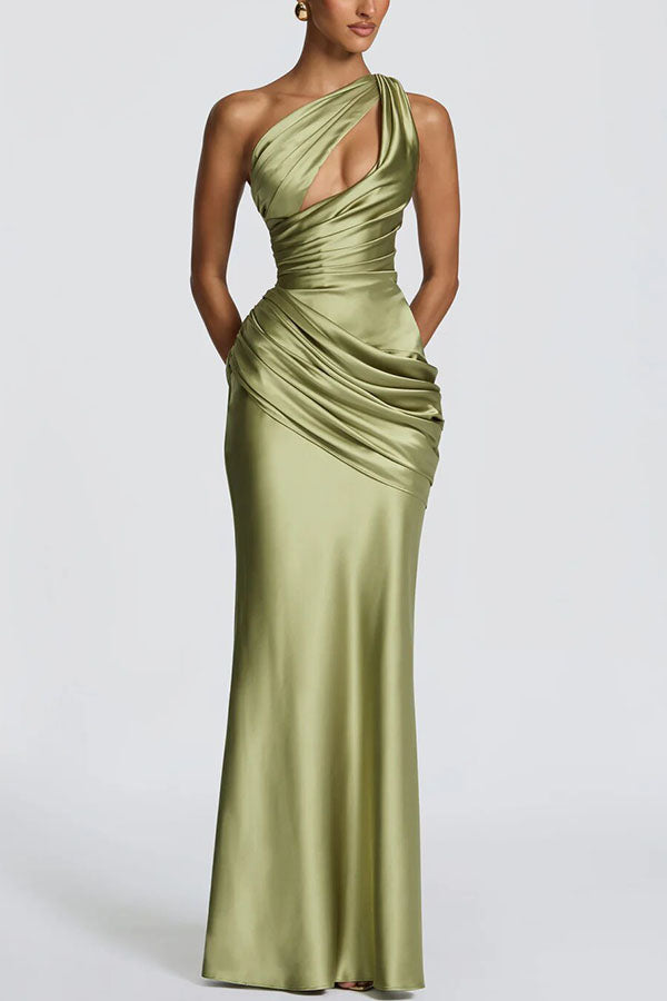 Emina Satin One Shoulder Asymmetrical Neck Cutout Back Lace-up Drape Maxi Dress (red)