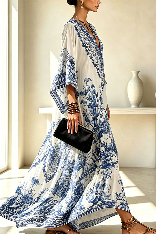 Blue and White Porcelain Print V-Neck Wide Sleeve Cover-up Maxi Dress