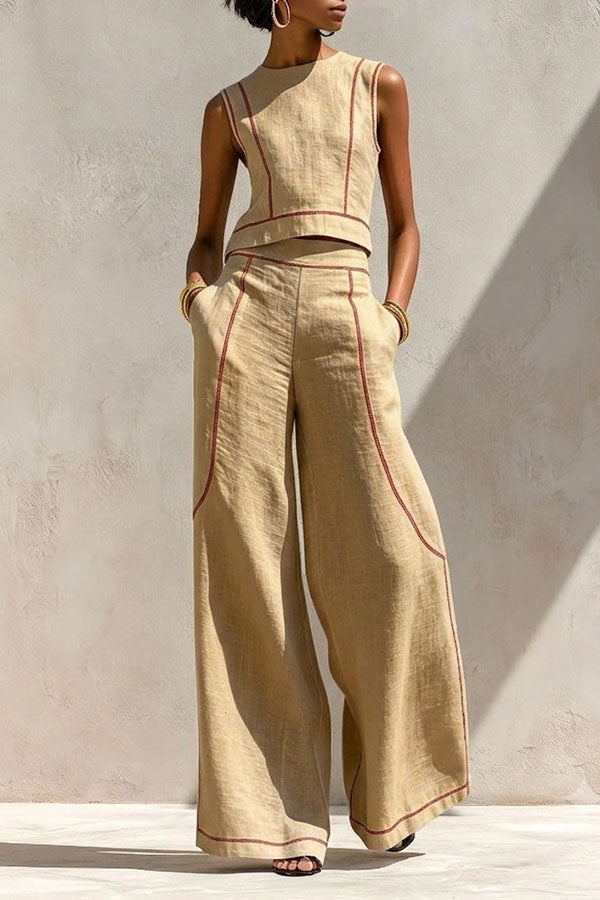 Elysia Contrast-Stitch Linen Two-Piece Set