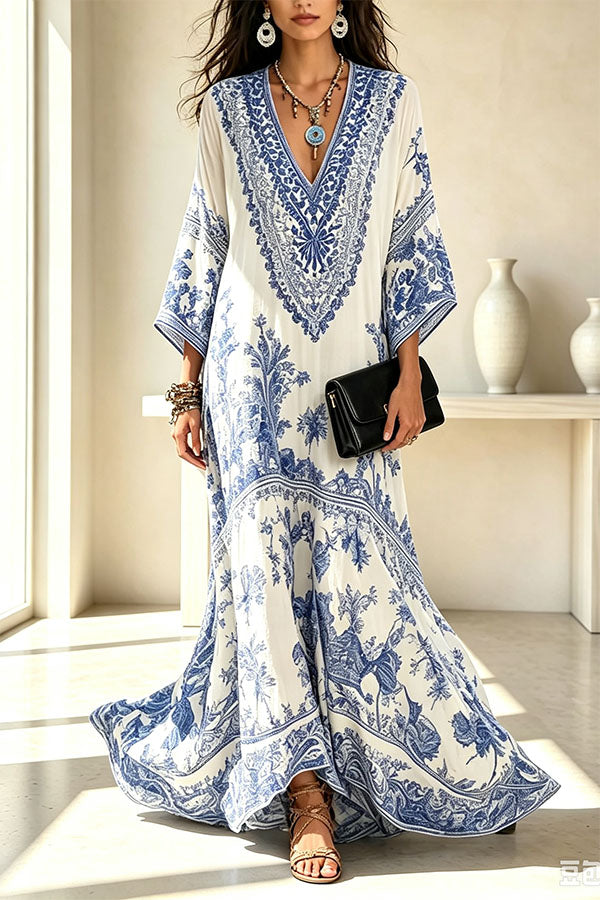 Blue and White Porcelain Print V-Neck Wide Sleeve Cover-up Maxi Dress