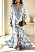 Blue and White Porcelain Print V-Neck Wide Sleeve Cover-up Maxi Dress