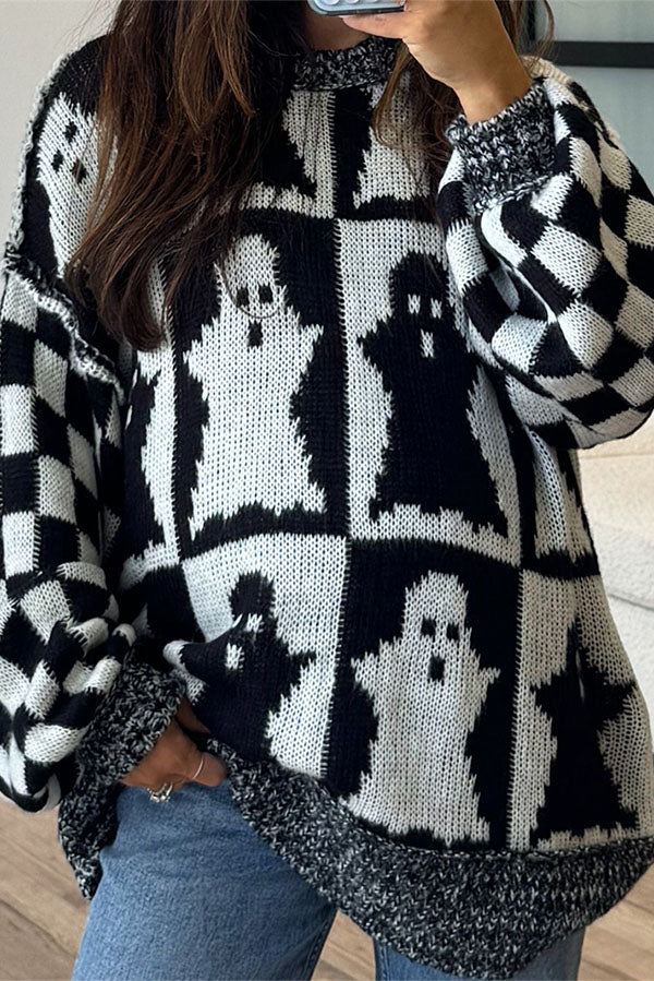 Halloween Ghost & Checkerboard Oversized Knit Sweater