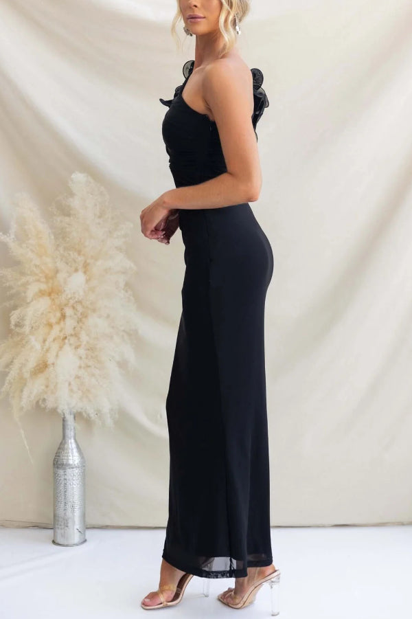 Fashionable Mesh Sleeveless One-shoulder Waist-revealing Maxi Dress