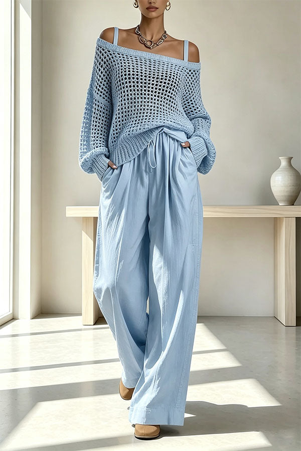 Cutout Knit Long Sleeve Top and Linen Blend Elastic Waist Pocket Pants Set