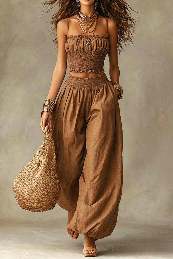 Olive Gypsy  pleated crop top and high-waisted wide-leg pants set