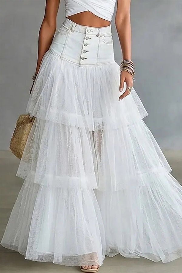 Y2K Fairycore Denim Corset Waist Tulle Maxi Skirt