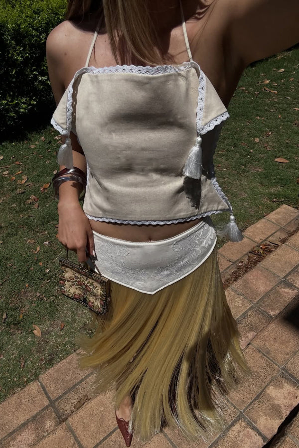 Fashionable Lace Appliqué Tassel Hem Vacation Maxi Skirt