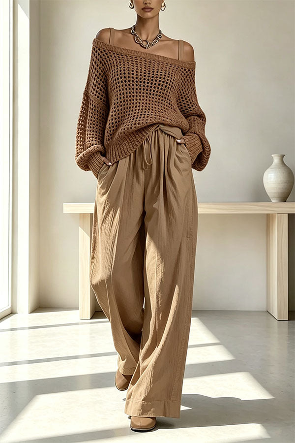 Cutout Knit Long Sleeve Top and Linen Blend Elastic Waist Pocket Pants Set