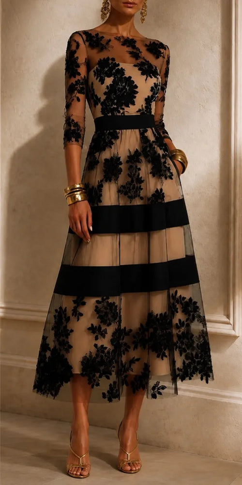 Black Floral Lace Midi Cocktail Dress