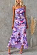 Ladies' elegant party dress, mesh overlay printed one shoulder wave skirt, mesh overlay printed one shoulder pleated elastic long skirt