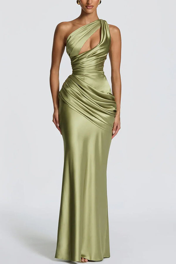 Emina Satin One Shoulder Asymmetrical Neck Cutout Back Lace-up Drape Maxi Dress (red)