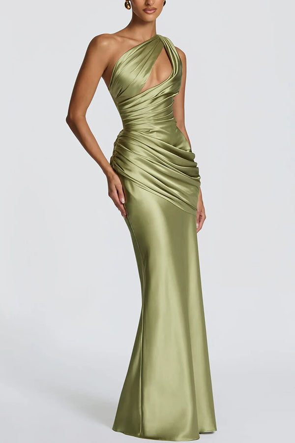 Emina Satin One Shoulder Asymmetrical Neck Cutout Back Lace-up Drape Maxi Dress (red)