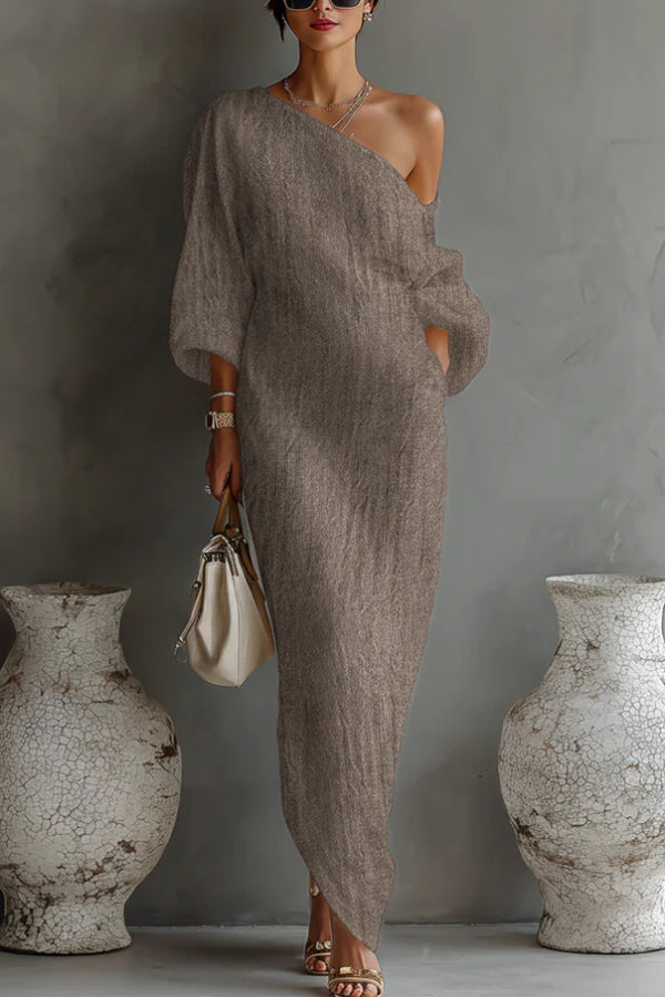 Linen Blend Loose-fitting Slanted Neck Lantern Sleeve Casual Maxi Dress
