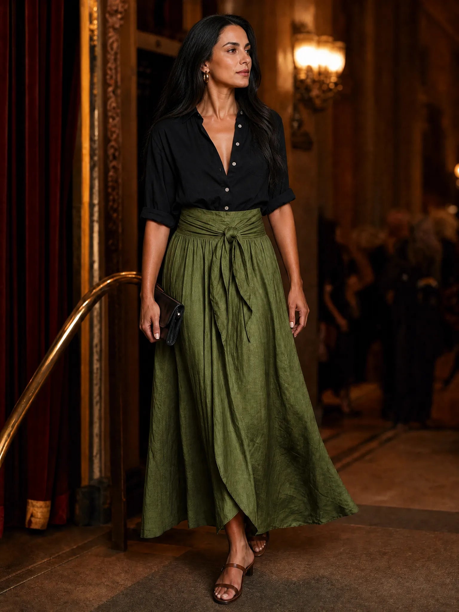 Effortless Boho Black Blouse & Olive Satin Midi Skirt Set