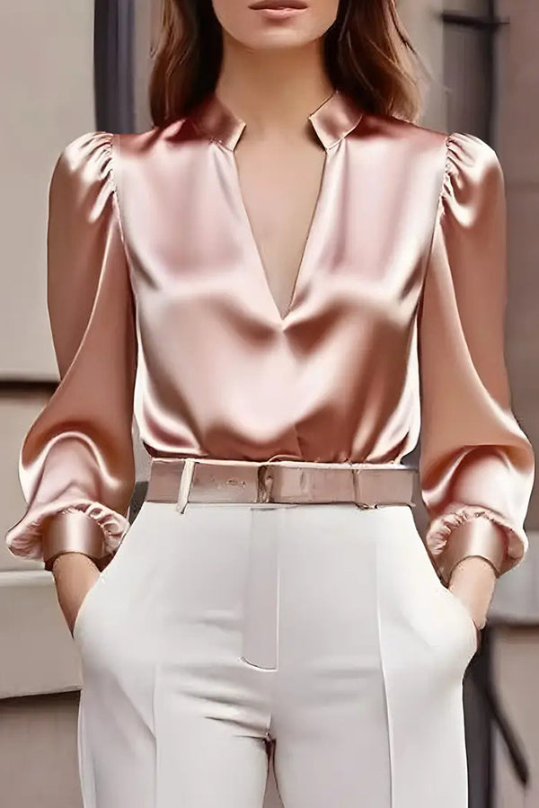Solid Color Satin V-neck Long-sleeved Casual Shirt