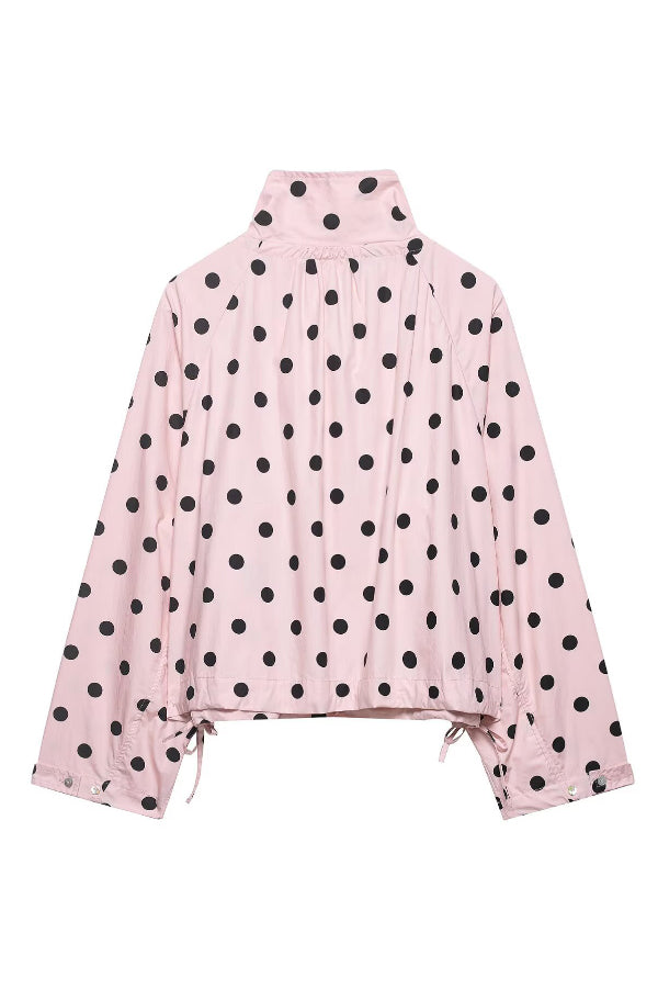 Polka Dot Print Loose Stand Collar Button Bow Tie Casual Long-sleeved Jacket