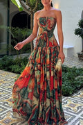 Vacay Vibes Colorful Lava Print Off Shoulder Smocked Scarf Maxi Dress