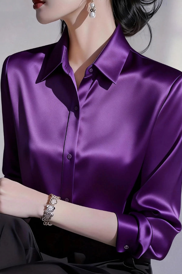 Solid Color Satin Collared Long-sleeved Button-down Casual Shirt