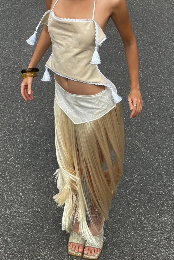 Fashionable Lace Appliqué Tassel Hem Vacation Maxi Skirt