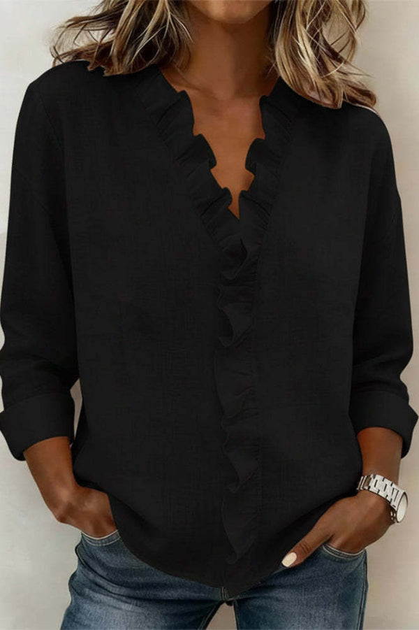 Solid Color Ruffled V-neck Long-sleeved Loose Casual Shirt