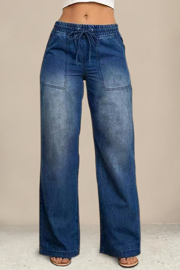 Stylish Elastic Waist Drawstring Pocket Casual Straight Wide-leg Jeans