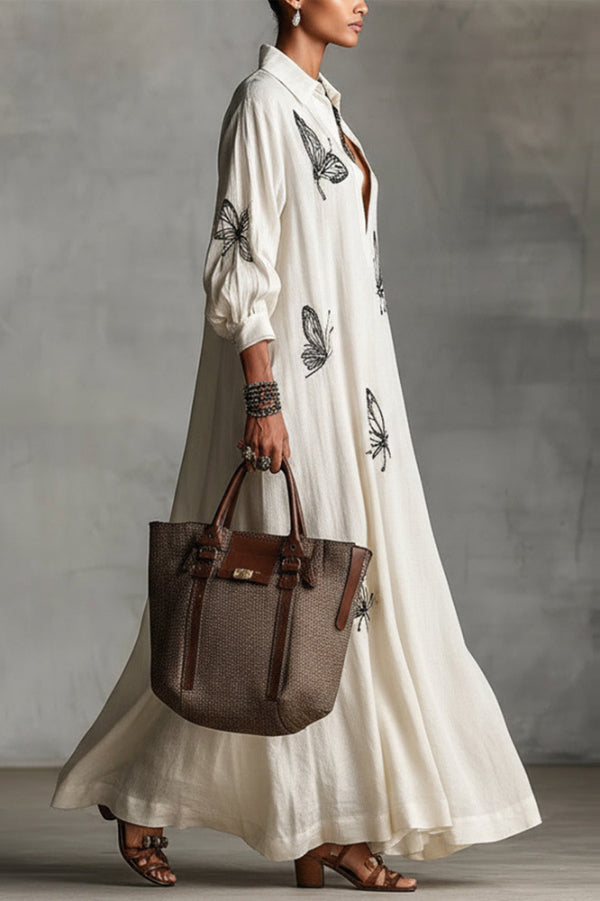Butterfly Print V-Neck Long Sleeve Loose Casual Maxi Dress