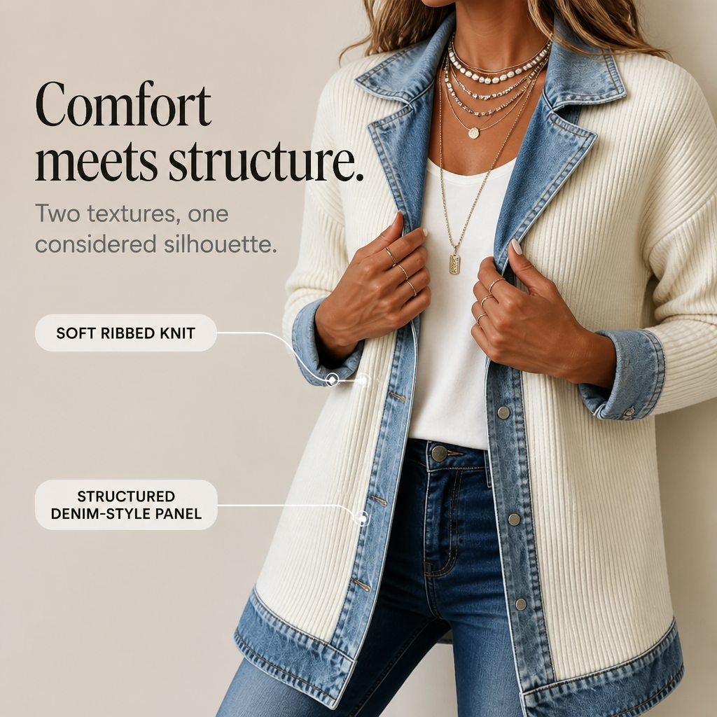 Ribbed Knit Coat With Denim Panels