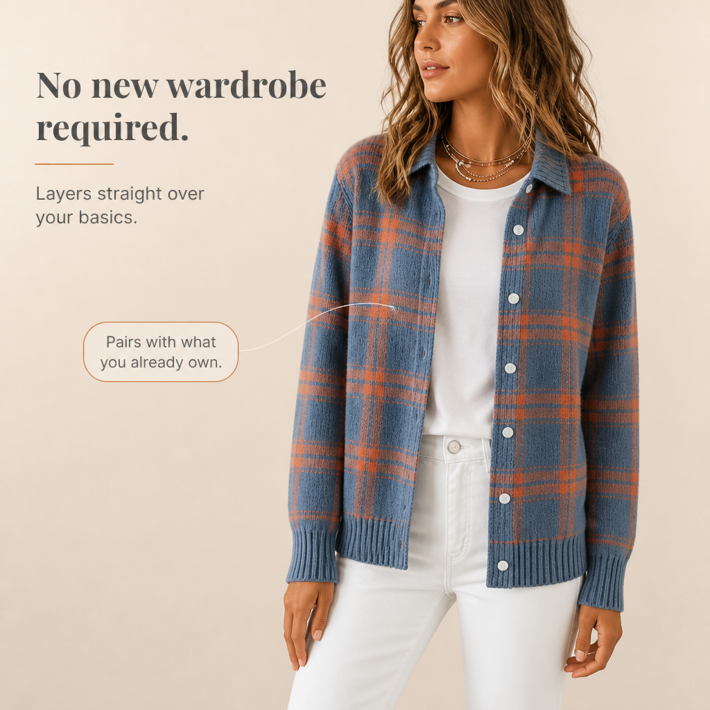 Plaid Knit Shirt-Collar Cardigan