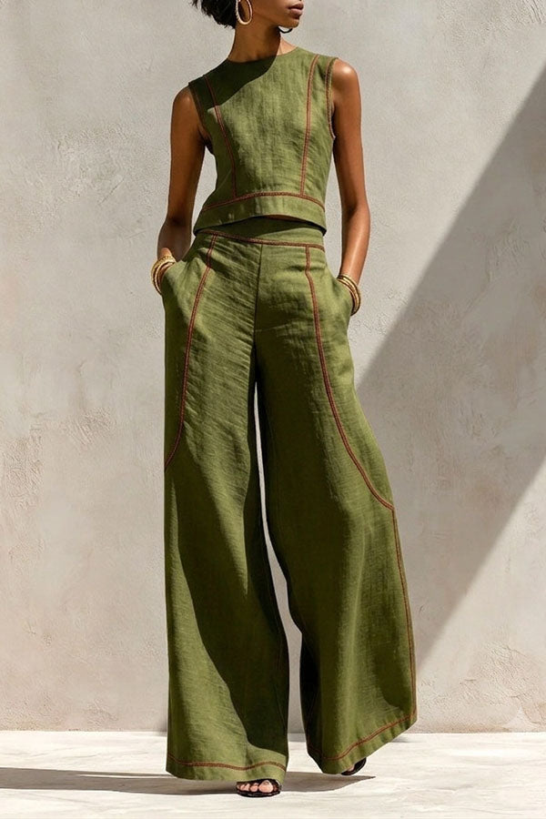 Elysia Contrast-Stitch Linen Two-Piece Set