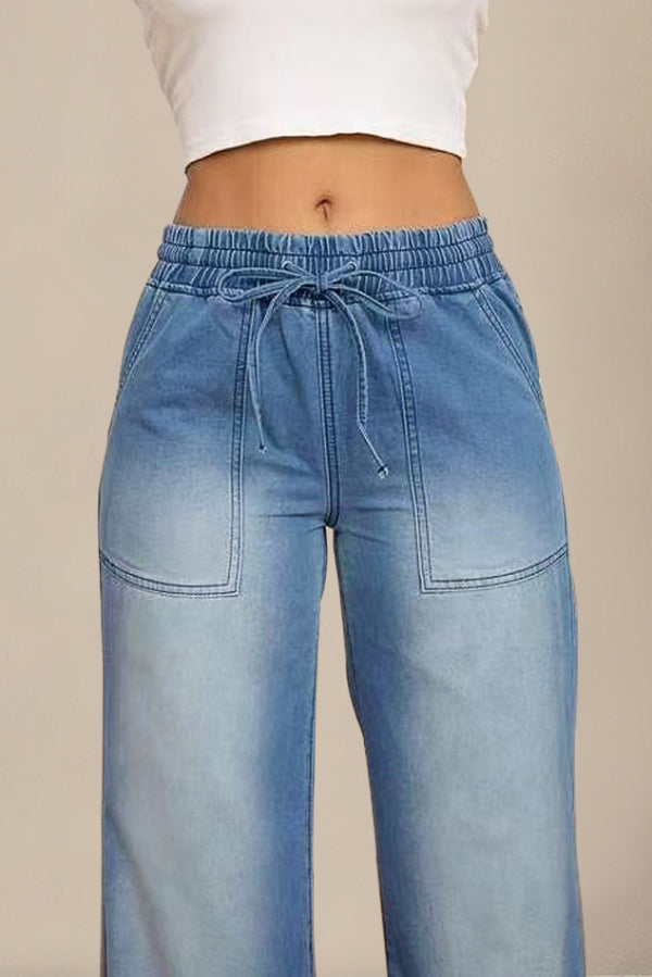 Stylish Elastic Waist Drawstring Pocket Casual Straight Wide-leg Jeans