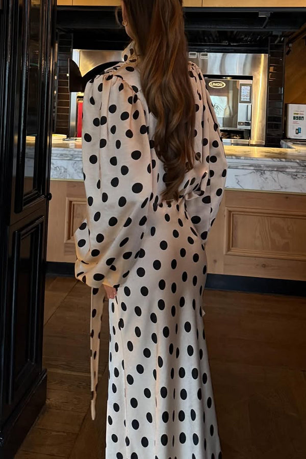 Chrissa Satin Polka Dot Print Lace Trim Tie-up Neck Balloon Sleeve Loose Blouse