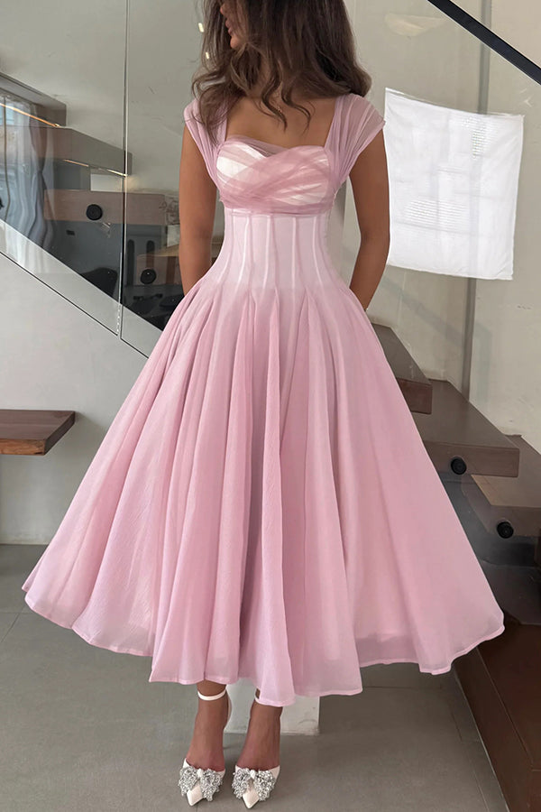 Elegant Sleeveless Waist-cinching Tulle Full-hem Maxi Dress