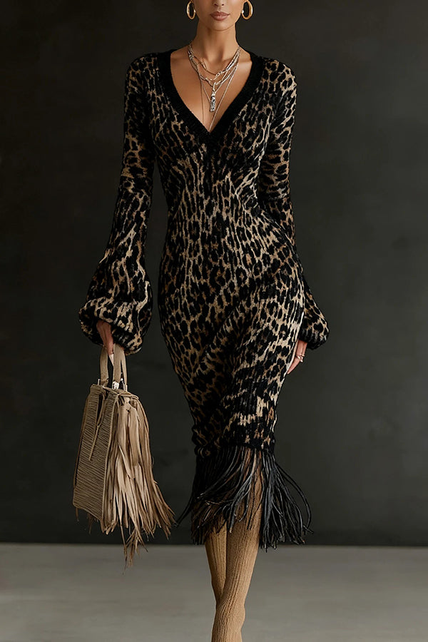 Unique Printed V-neck Long-sleeved Elegant Tassel Hem Midi Dress