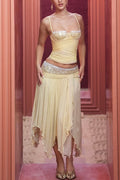 Romantic Sunset Chiffon Mid Rise Crystals & Beads Waistband Layered Midi Skirt