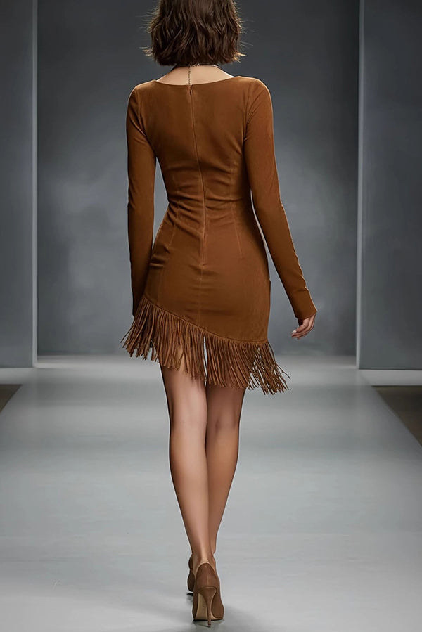 Stylish Suede Round Neck Long Sleeve Slim Fit Tassel Mini Dress
