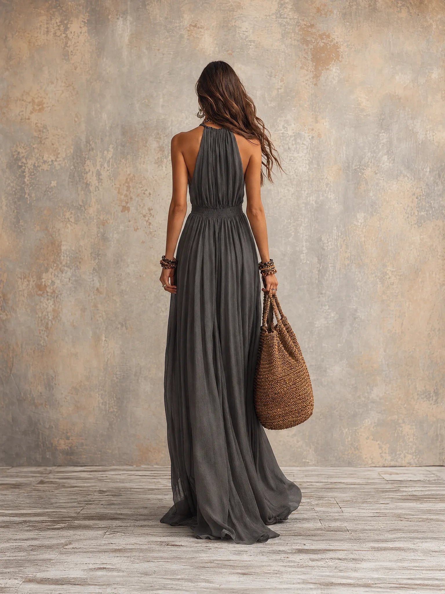 Refined Bohemian Draped Halter Maxi Dress
