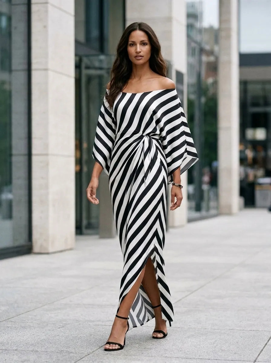 Statement Monochrome Stripe Asymmetric Maxi Dress
