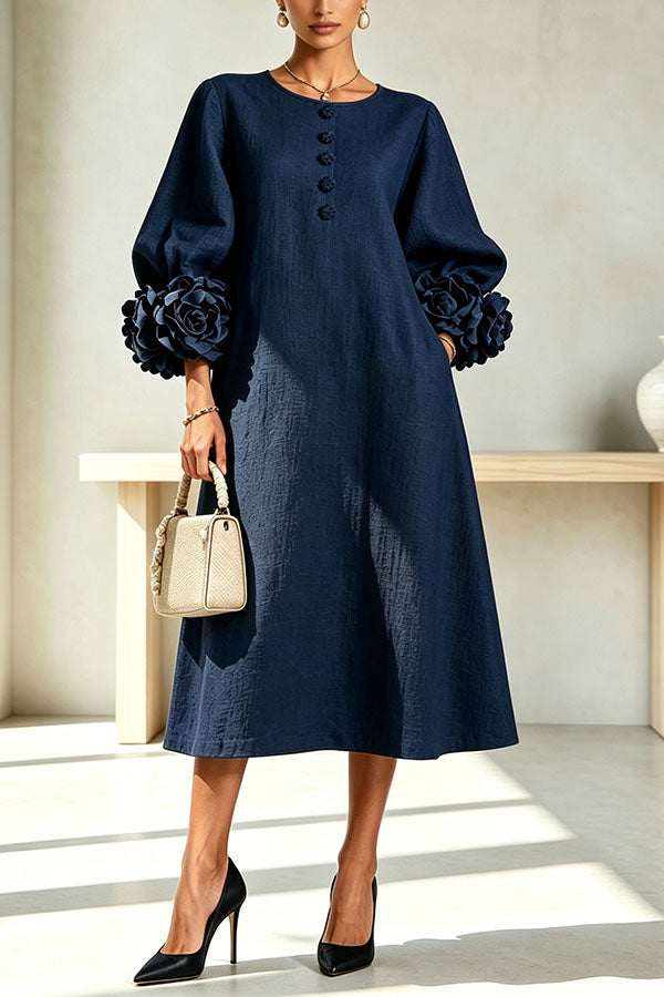 Rima Linen Blend Flowers Button Down Floral Cuffs Half Sleeve Pocket Midi Dress