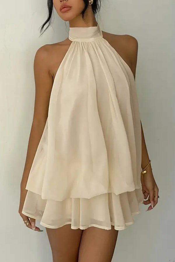 Fashionable Chiffon Halter Neck Backless Lace-up Casual Vacation Mini Dress