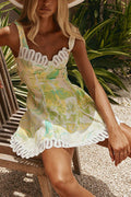 Stelle Linen Blend Floral Print Crochet Zig Zag Trim Back Lace-up Mini Dress