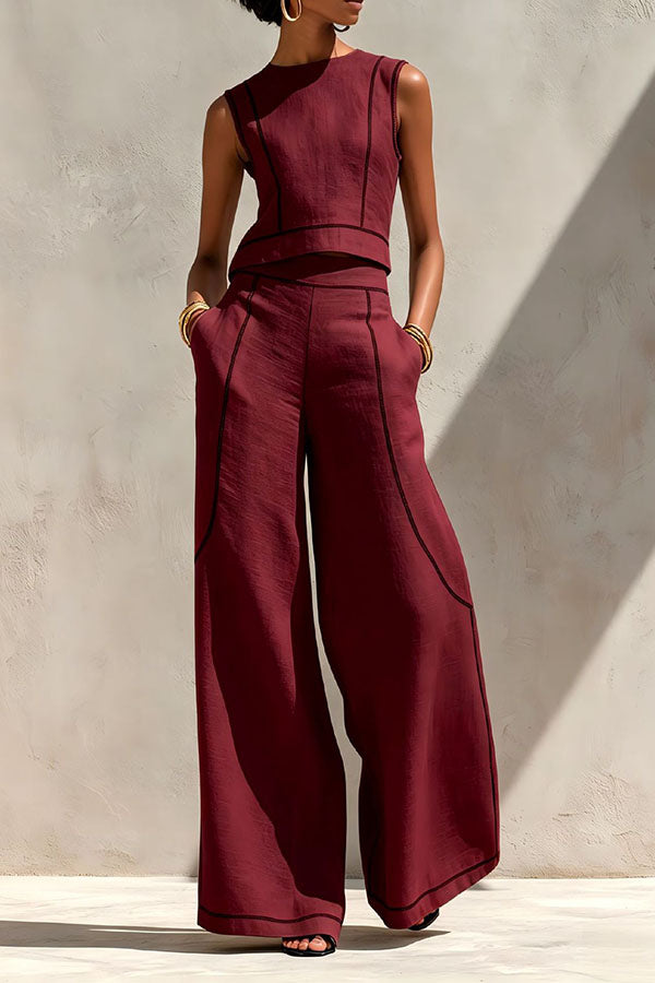 Elysia Contrast-Stitch Linen Two-Piece Set