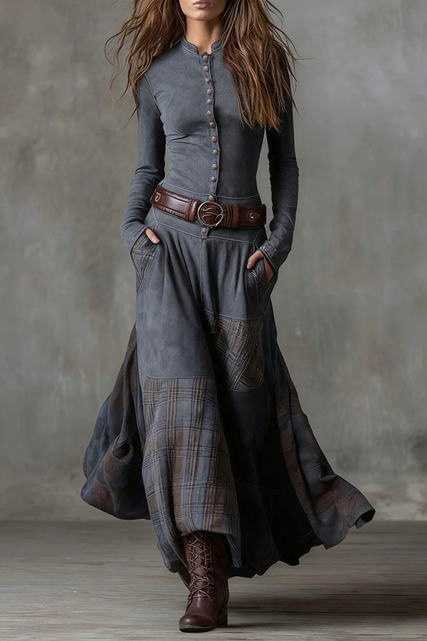 Retro-style Patchwork Single-breasted Long-sleeved Casual Pocket Maxi Dress
