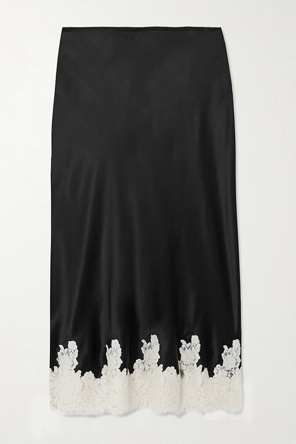 Celebration Look Contrast Color Satin Lace Trim Elastic Waist Drape Midi Skirt