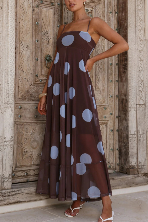 Polka Dot Print Mesh Spaghetti Strap Square Neck Vacation Maxi Dress